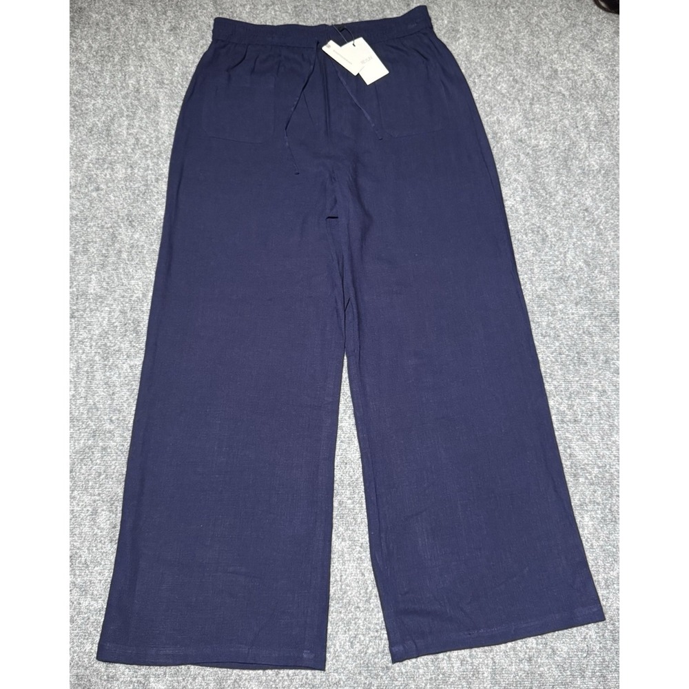 Greylin Anthropologie Navy Wide Leg‎ Pockets Trouser Hipster Pants XL Linen NWT